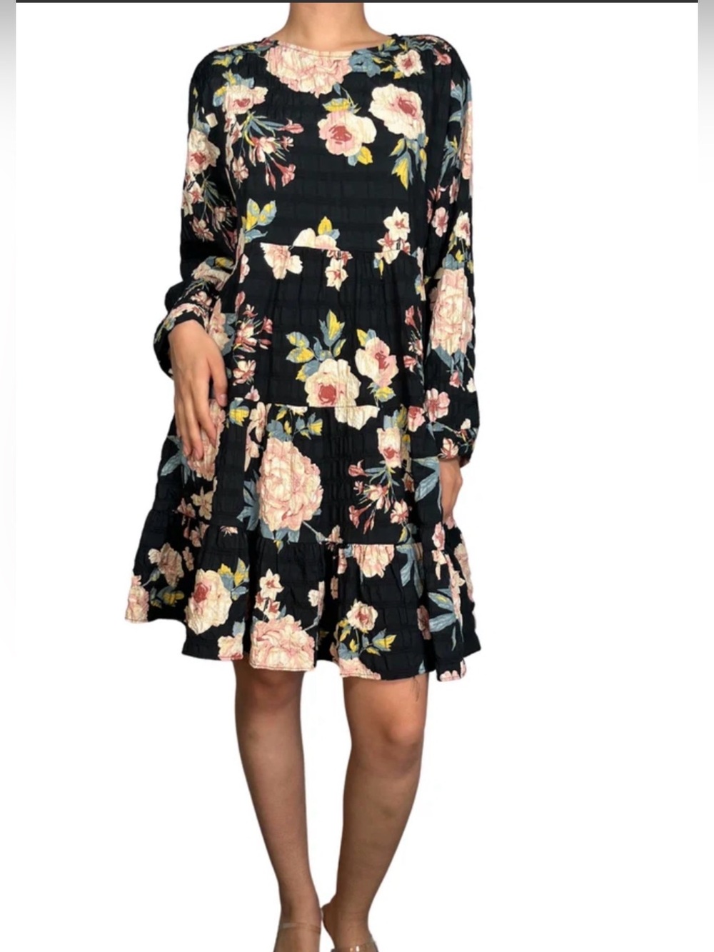 ZARA Womens Black Floral Ruffle A-Line Knee Dress 3/4 Sleeve Size S teared boho